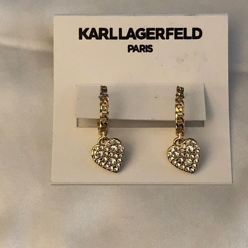 Karl Lagerfeld Gold Tone Chain Huggie  Hoop Earrings Pave Crystal Heart NWT